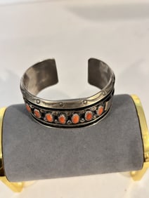 Native American Sterling Silver Navajo Handmade Natural Coral Cuff Bracelet signed JS 8"