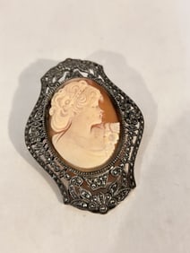 Antique Sterling Silver Marcasite Hand Carved Cameo Pin Pendant nice!!! 2 1/2"