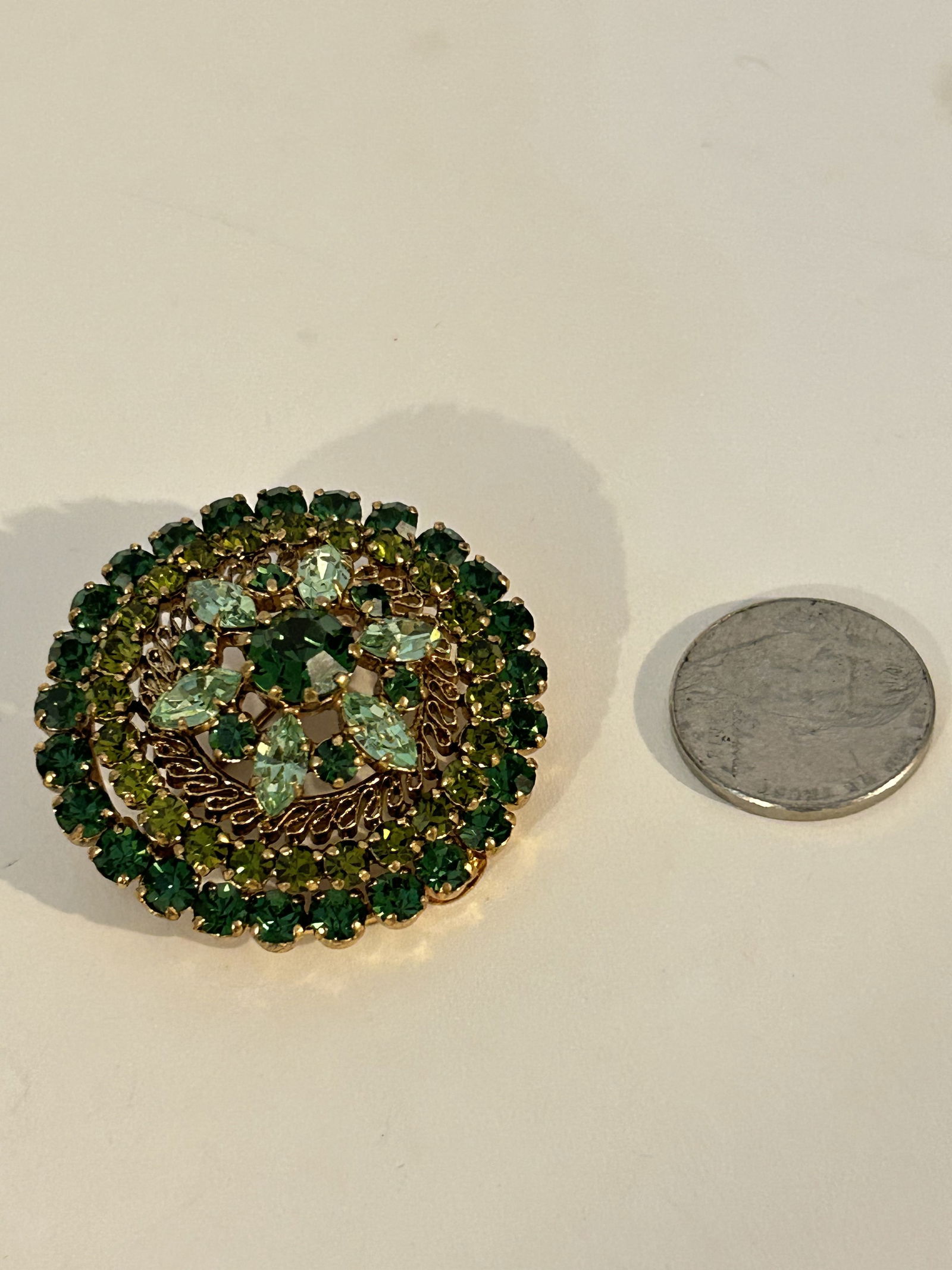 Vintage Spectacular Layered Signed Austria Brooch Teal, Green Crystal Gold Tone Brooch (1 of 6)