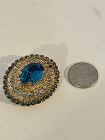 Vintage Spectacular Layered Signed Austria Brooch Teal, Green Crystal Gold Tone Brooch