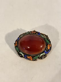 Antique gemstone gold Gilt Silver enamel pin filagree