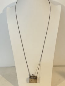 Vintage Sterling Silver Etched Mini Purse Locket Pendant Necklace On Long Chain 30"