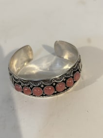 Beautiful Sterling Silver Pink Opal Cuff Bracelet BBJ 7"