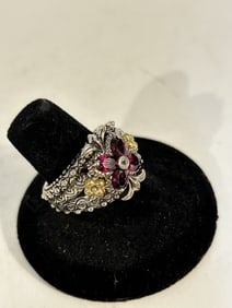Barbara Bixby Sterling & 18K Gold Rhodolite Garnet Ring sz 8