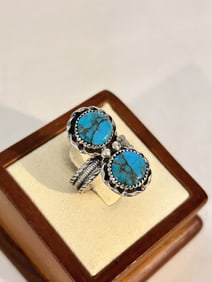 Vintage Navajo Running Bear Sterling Silver & Turquoise Ring sz 8