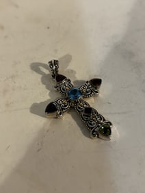 Vintage Sterling Silver 18K Cross multi color gemstones Pendant