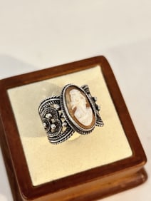 Vintage Handmade Sterling Silver Gothic 1800s Carved Cameo ring sz 9