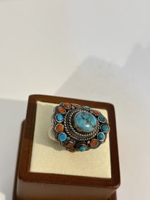 Vintage sterling Silver Navajo Turquoise and Coral Ring sz 8