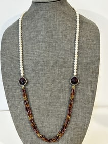 Vintage pearl ruby beaded sterling Necklace 32"