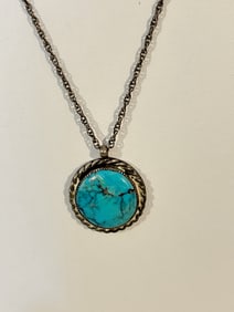 Vintage Sterling Silver Turquoise Navajo Pendant Necklace 22" Signed IJ