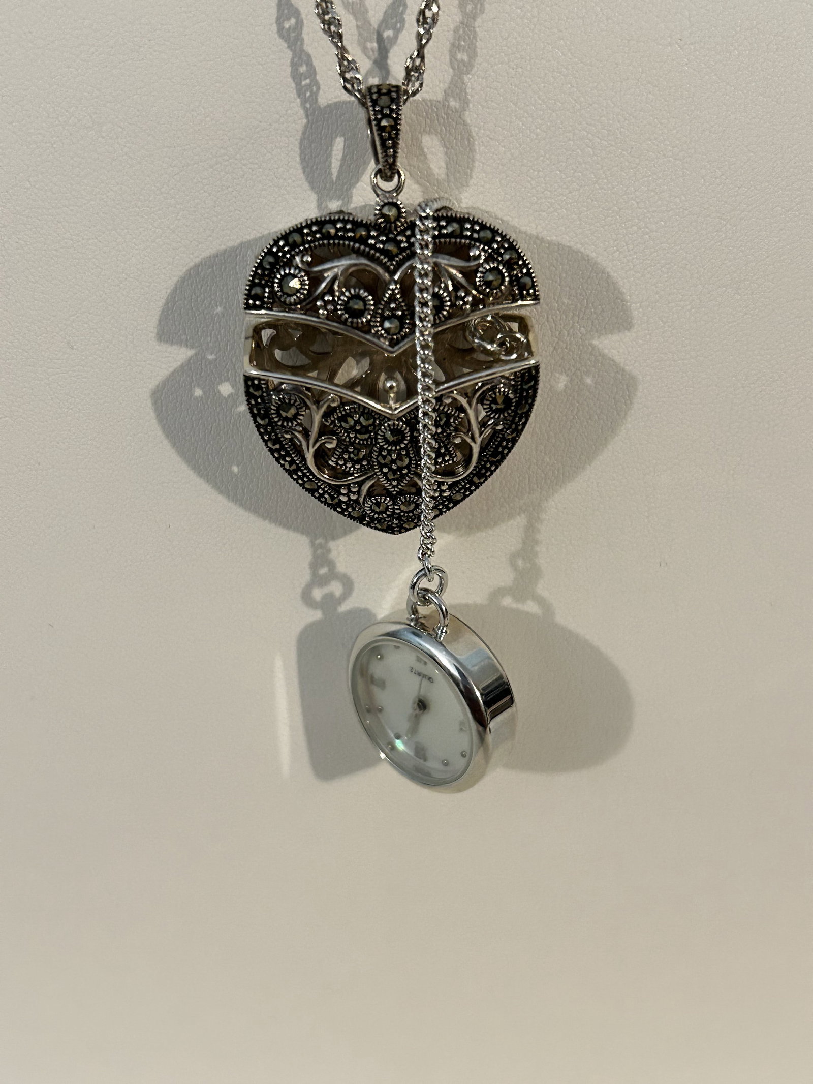 Vintage Sterling Silver 925 Marcasite Heart Locket watch Pendant Necklace 23": Vintage Sterling Silver 925 Marcasite Heart Locket watch Pendant Necklace 23" Please view all photos as they are part of the description and condition of this Item, Feel free to contact me with questi