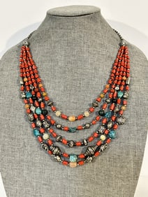 Vintage Artisan coral Turquoise Multi Gem 5 Strand beaded Necklace 22"