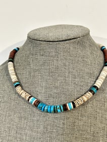 Vintage Santo Domingo Sterling Silver & Turquoise Heishi Seashell multi gem stone Necklace 16"