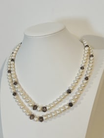 Vintage Sterling Silver Pearl filigree bead Necklace 44"