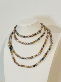 Vintage Sterling Silver honora freshwater pearl multi color Necklace 67"