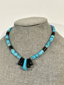 Handmade Native American Vintage Turquoise & onyx  Bead Heishi Necklace 16"