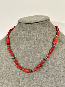 Vintage Navajo Native American Sterling Silver Red Coral Necklace 19"