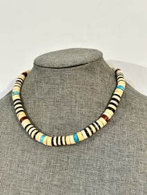 Vintage Santo Domingo Sterling Silver & Turquoise Heishi Seashell multi gem stone Necklace 16"