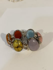 Vintage Sterling Silver wide multi gemstone Bracelet 7"