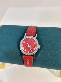 Vintage Red Timex Watch w Leather Band - Tested - 1980S works when shaken
