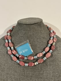 JAY KING Sterling Pink Thulite Bead Green Turquoise double Necklace 18"