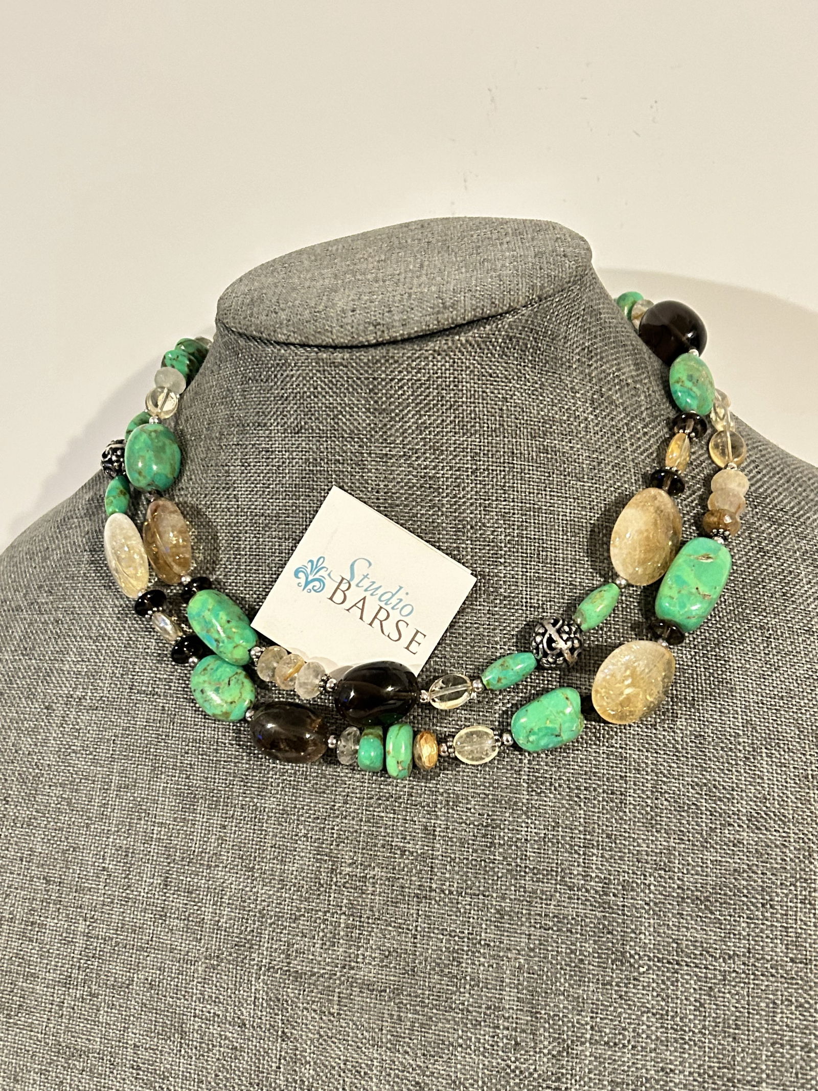 Barse Huge Heavy Sterling Silver Turquoise & Smoky Quartz crystal necklace 34" new (1 of 5)