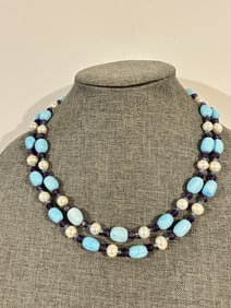 925 sterling silver amethyst turquoise pearl 2 strand necklace 18"