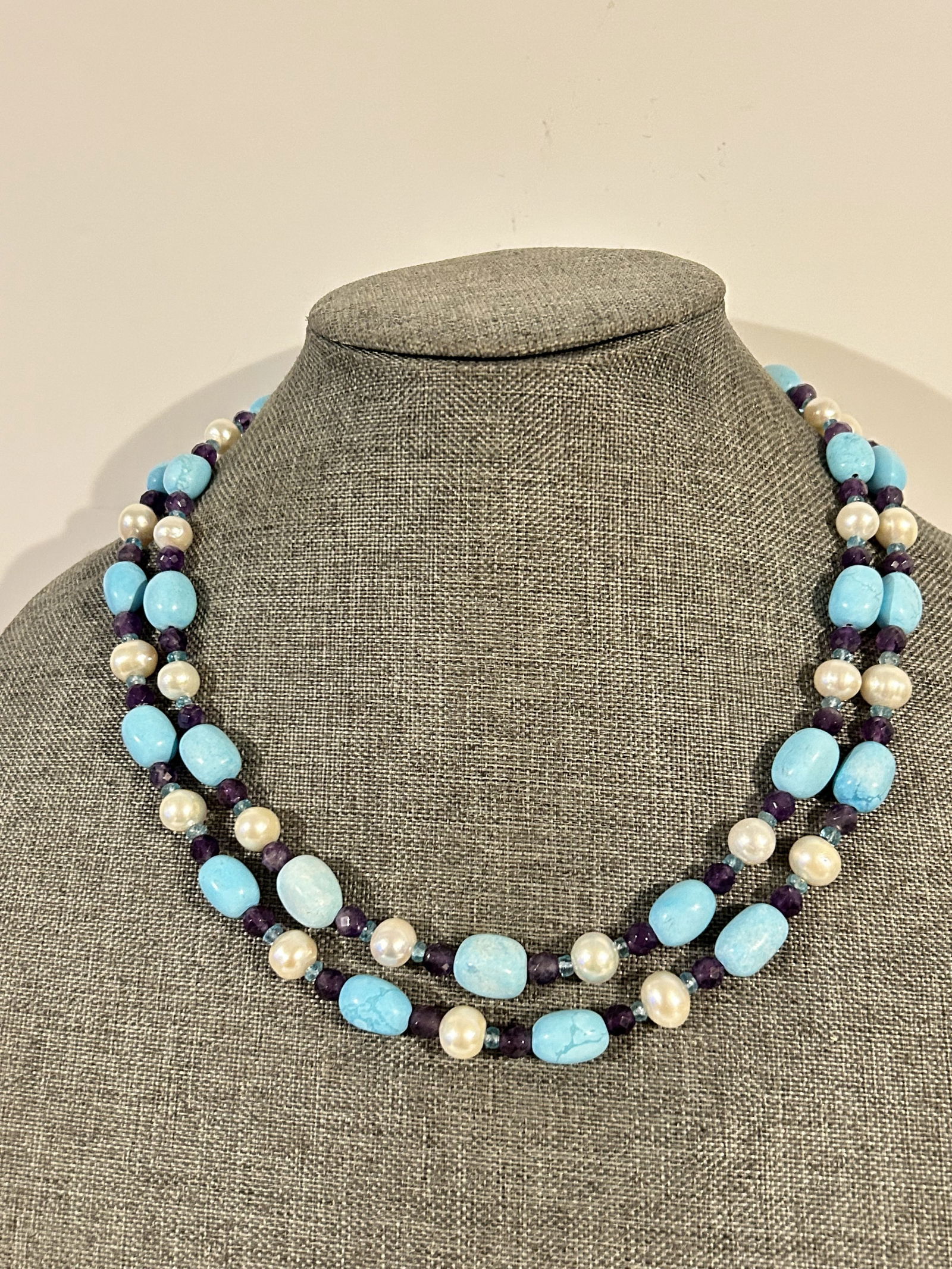 925 sterling silver amethyst turquoise pearl 2 strand necklace 18" (1 of 4)
