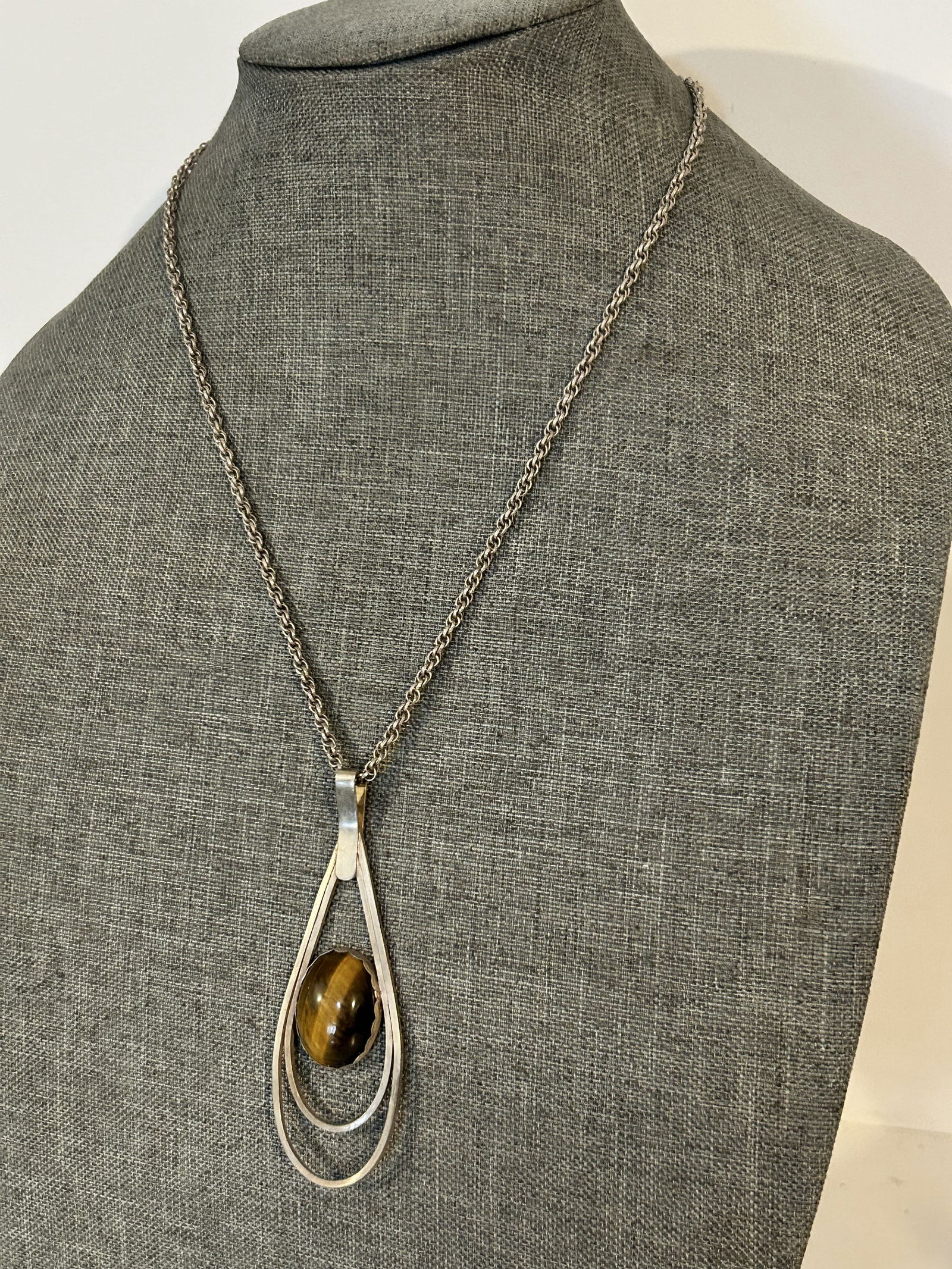 Vintage Sterling Silver tigers eye pendant hand made 3 1/2" Necklace sz 21" 31 grams (1 of 6)