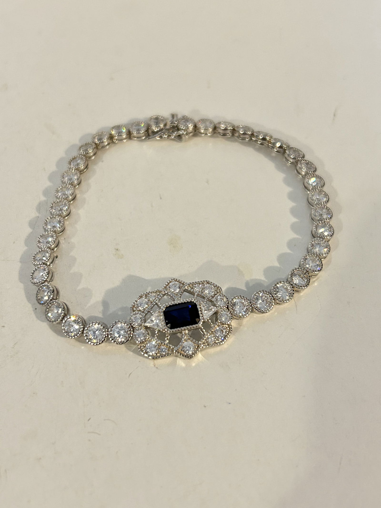 Chuck Clemency Blue Topaz & Crystal Tennis Bracelet Sterling Silver sz 8" (1 of 4)