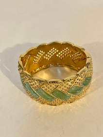 Vintage green enamel rhinestone hinged Bracelet Sz 7