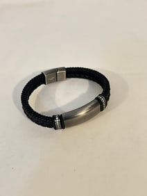 Vintage stainless steel black leather Bracelet Sz 8