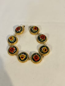 Vintage Micro Mosaic Bracelet Red Rose Link Gold Plated Italian 7 5/8"
