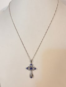 Vintage Sterling Silver gem stone cross Necklace Sz 18"