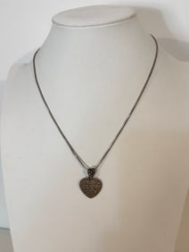 Vintage Sterling Silver marcasite heart pendant Necklace Sz 17" missing some stones