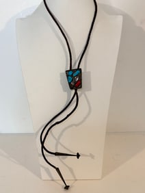Vintage Sterling Silver Turquoise & Red Coral Navajo Bolo Tie SIGNED Vance Sz 38" leather is broken
