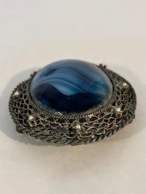 Vintage filigree blue glass large Brooch