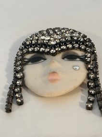 Vintage lady rhinestone ceramic Brooch