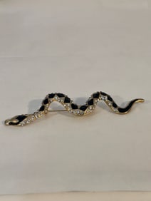 Vintage black enamel Snake rhinestone Brooch