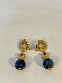 Vintage heavy gold tone butterfly blue bead clip on Earrings