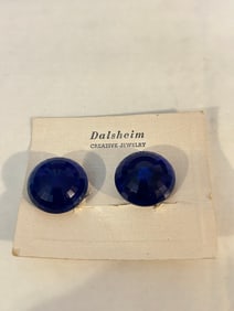 Vintage Dalsheim faceted cobalt blue button clip on earrings in silver tone