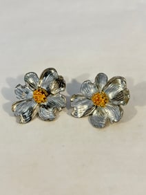 Maurice Milleur Dogwood Clip On Earrings Pewter 1992 Signed Vintage