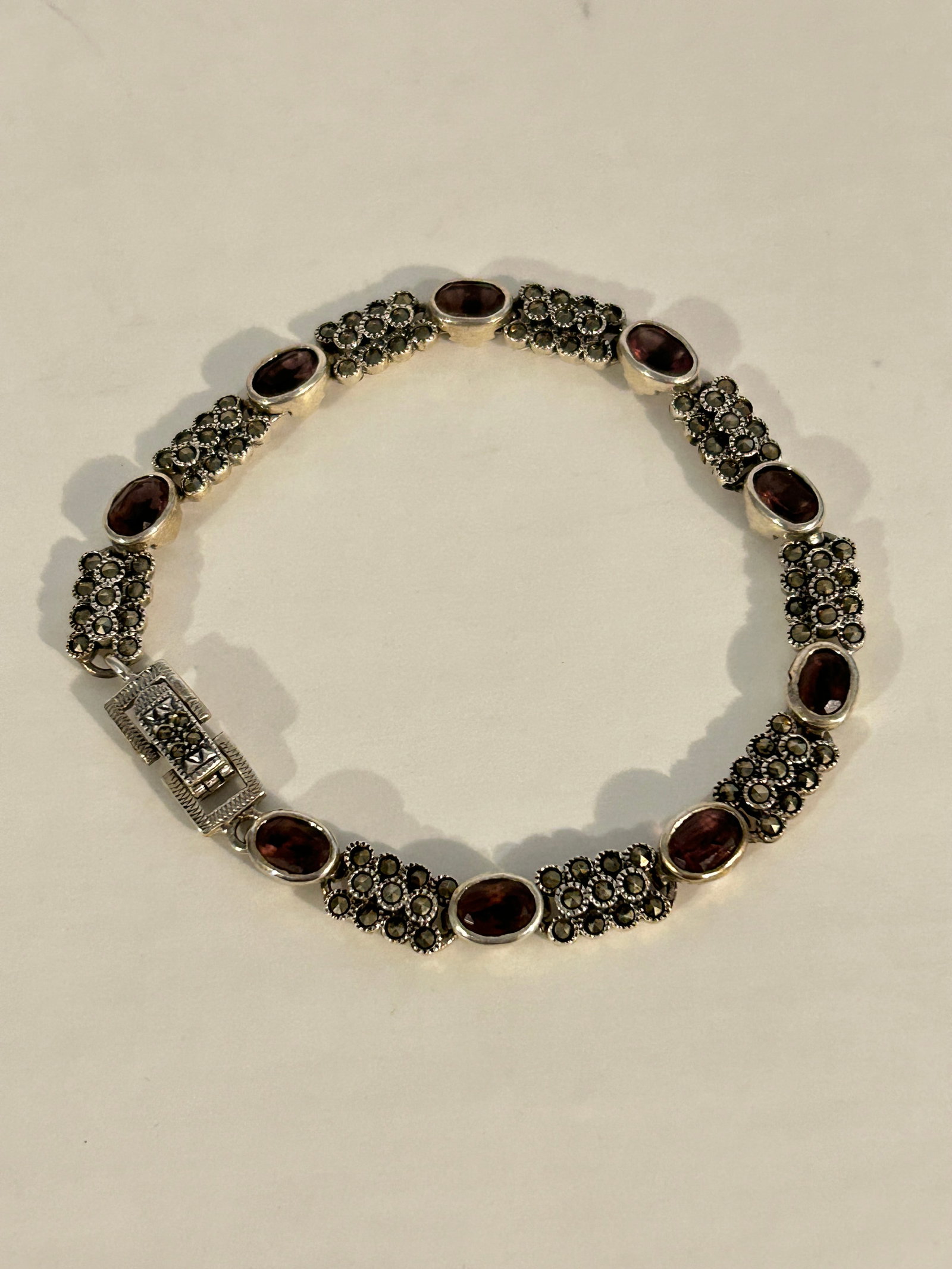Vintage Sterling Silver Amethyst marcasite Bracelet 8": Vintage Sterling Silver Amethyst marcasite Bracelet 8" Please view all photos as they are part of the description and condition of this Item, Feel free to contact me with questions or picture requests