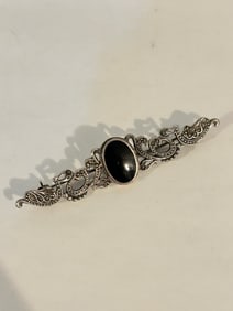 Vintage Sterling Silver marcasite onyx Brooch