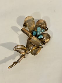 Huge Vintage Sterling Silver Vermeil JOLLE Signed Aquamarine Rhinestone Brooch