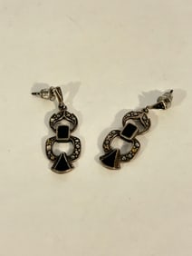 Vintage Sterling Silver marcasite onyz Earrings