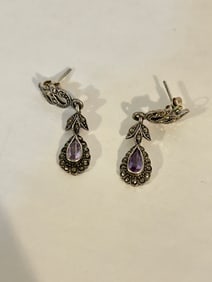 Vintage Sterling Silver Amethyst marcasite Earrings