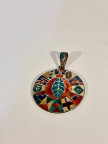 Vintage Sterling Silver 950 pearl inlay Turquoise old Pendant 2"
