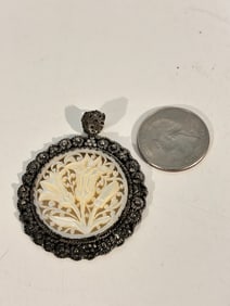 Vintage Sterling Silver Jerusalem 935 silver mother of pearl floral Pendant 2"