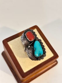 Vintage Native American Navajo ring Sterling turquoise coral signed JH